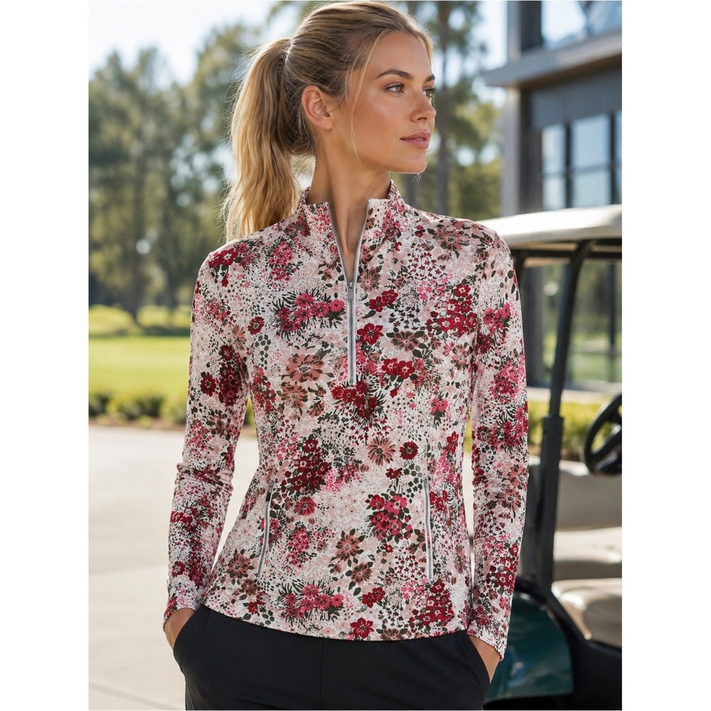 Laura Ashley Womens Small Floral Quarter Zip Active Pullover Pink Red Thumbholes